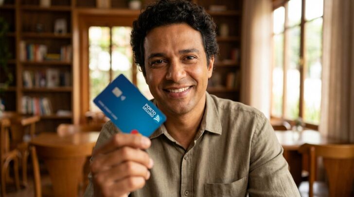 Pessoa brasileira sorrindo segurando um cartão Porto Seguro com o logo visível mostrando economia e benefícios do cartão