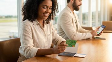 Pessoa brasileira segurando cartão Sicredi Internacional em aeroporto mostrando praticidade para compras e viagens