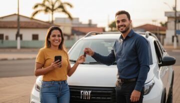 Pessoa brasileira sorrindo ao lado de uma Fiat Strada nova segurando chaves e um celular, representando compra sem entrada